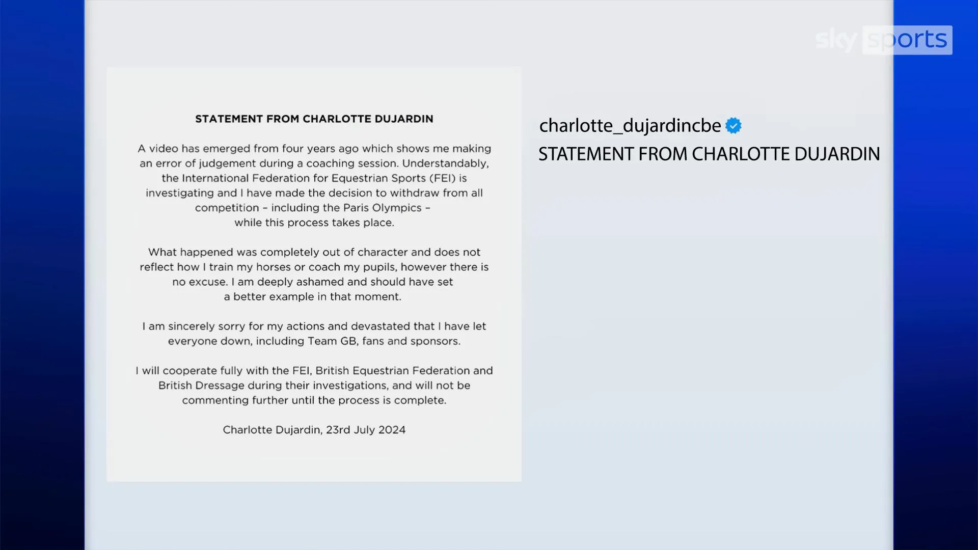 Charlotte Dujardin withdrawal Team GB equestrian